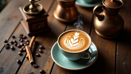 Overhead flat lay of artisan coffee, rustic wooden table, vintage coffee grinder, porcelain cup with latte art, scattered coffee beans, cinnamon sticks
