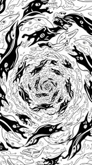 Intricate vector artwork showing numerous elongated black and white abstract figures forming spiraling pattern leading into a central vortex