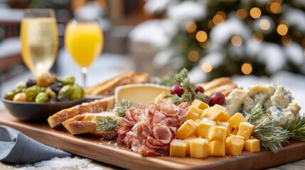 Colors of winter cheer fill the scene with a beautiful brunch spread featuring a variety of cheeses, cured meats, and refreshing drinks on a snowy day