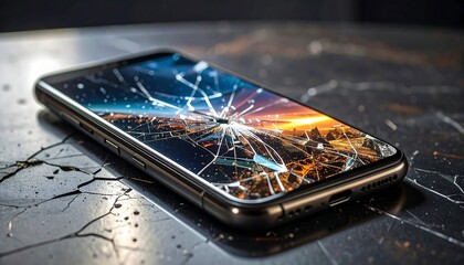 Cracked smartphone screen displaying a vibrant sunrise cityscape