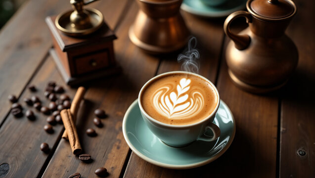 Overhead flat lay of artisan coffee, rustic wooden table, vintage coffee grinder, porcelain cup with latte art, scattered coffee beans, cinnamon sticks - Powered by Adobe