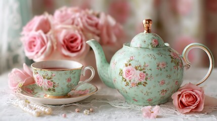 Delicate tea set adorned with roses is placed on a lace covered table. Nearby a bouquet of pink roses adds beauty. Light filters in creating a warm atmosphere for relaxation.