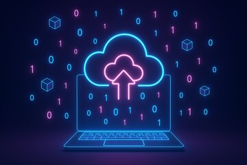 Neon Cloud Computing and Data Upload with Laptop and Binary Code