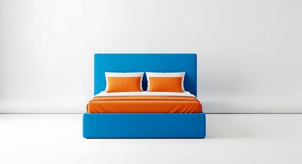 Modern blue bed frame with orange bedding and pillows bedroom interior design furniture home decor