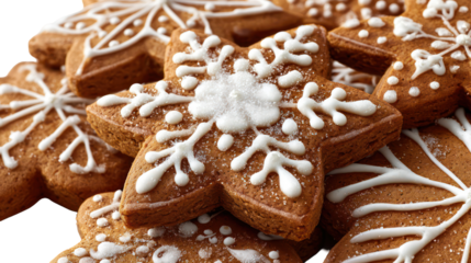 Close up of star shaped gingerbread cookies with white icing decoration isolated on transparent background