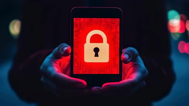 Cybersecurity mobile privacy lock red neon smartphone data security encryption secure protection warning alert glow night hands device technology