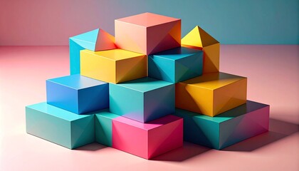 Obraz premium Colorful Stacked Geometric Cube and Pyramid Shapes