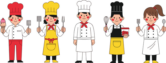 Cartoon chefs in colorful uniforms holding kitchen tools and food items, ideal for culinary, cooking, and restaurant-themed illustrations.