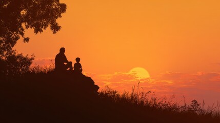 Naklejka premium A father and son sit together on a hill silhouetted against a vibrant orange sunset. They share a peaceful moment as the sun sets on the horizon surrounded by nature.