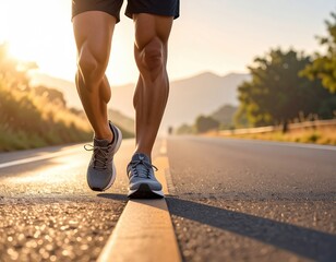 Runner's legs on road at sunset