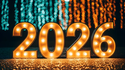 Illuminated marquee numbers displaying the year 2026 with bokeh lights background
