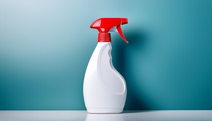 white plastic spray bottle with red trigger for cleaning products and liquids