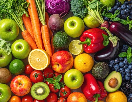Assorted fresh vegetables and fruit in vibrant color array