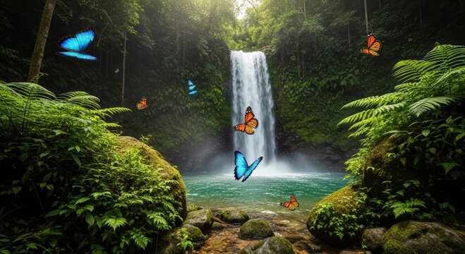 Vibrant butterflies flutter around a serene waterfall in a lush, sun-dappled rainforest.