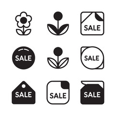 Collection of simple flower and sale icons in black and white