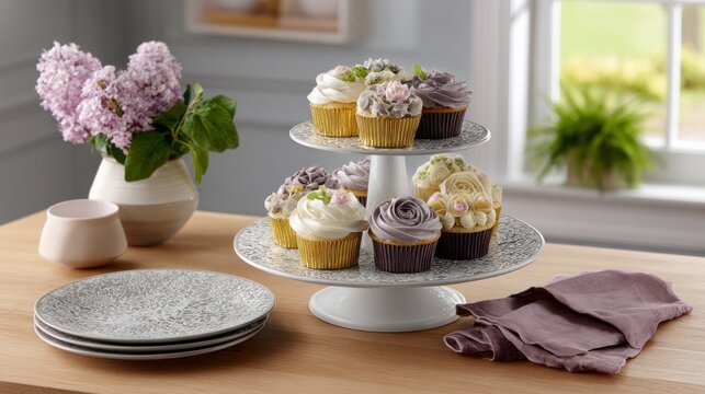Colorful cupcakes with elegant icing sit on a stylish tiered stand in a sunny kitchen. Soft lilac flowers add a charming touch to the serene atmosphere, inviting sweet indulgence
