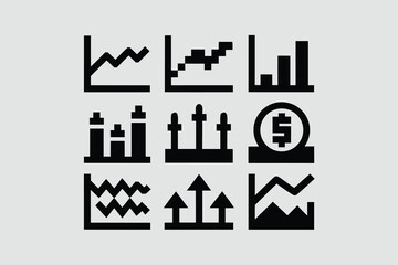 Collection of minimalist web icons depicting various financial trends and statistics in black and white design vector 