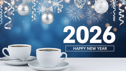 Two cups of coffee on a table with the year 2026 and happy new year message