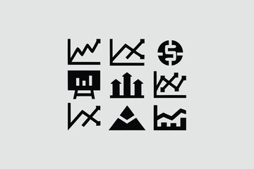 Collection of minimalist web icons depicting various financial trends and statistics in black and white design vector 