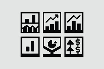 Collection of minimalist web icons depicting various financial trends and statistics in black and white design vector 