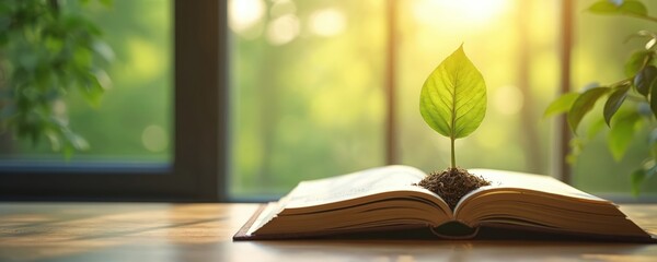 Obraz premium Green sapling grows from open book on wooden table near sunny window. Young plant sprout knowledge, learning, sustainable development. Concept of eco education, wisdom, new ideas blooming with
