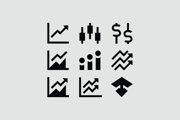 Collection of minimalist web icons depicting various financial trends and statistics in black and white design vector 