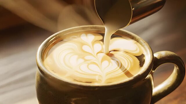 Close up slow motion of creamy milk being poured into dark coffee creating beautiful latte art flower pattern in rustic ceramic mug warm natural light creating cozy atmosphere perfect for cafe