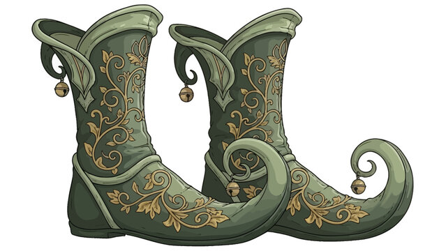 Whimsical green elf boots adorned with intricate golden vine patterns and small jingling bells perfect for fantasy costumes and festive holiday designs