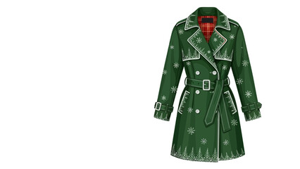 A stylish green double breasted trench coat adorned with festive snowflake and tree patterns featuring a plaid lining and a belted waist perfect for winter fashion