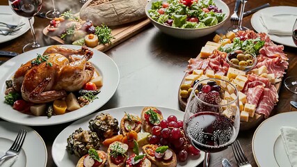 Dishes assortment featuring fine wine glasses on a table, evoking refined indulgence and conviviality, perfect for use cases such as advertising high end restaurants or promoting luxury products.