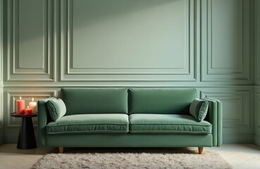 Living room interior design with green sofa. Cozy apartment with vintage wall decor. Candles on table create warm light mood. Modern furniture in classic elegant flat or home.