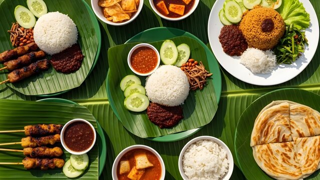 A Delightful Overhead Shot of Nasi Lemak and Roti Canai, Iconic Malaysian Dishes Arranged on Banana Leaves, Perfect for Southeast Asian Cuisine Themes