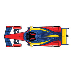 Naklejka premium Overhead view of a vibrant red, blue and yellow race car on a white background.