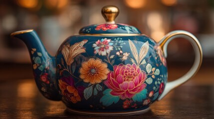 A decorative blue teapot features colorful floral patterns and rests on a polished wooden table. The warm ambiance suggests a tranquil tea time gathering inviting relaxation.
