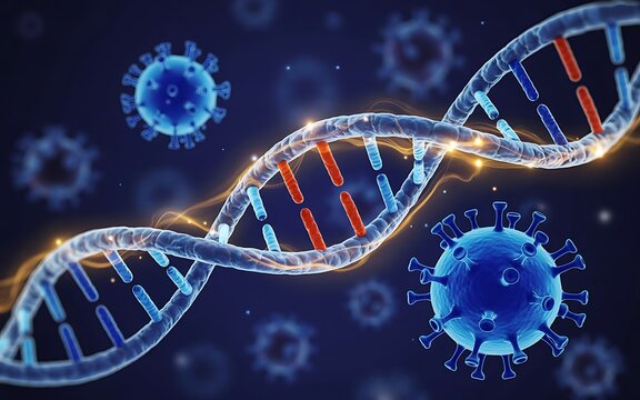 DNA helix and virus particles illustrating genetic mutation and viral infection