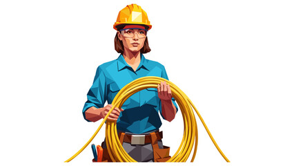 Confident female electrician holding yellow cable with tool belt
