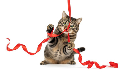 Tabby cat playing with a long red ribbon on a white background