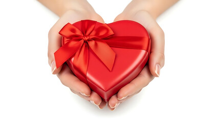 Hands holding a red heart shaped gift box with a red ribbon bow