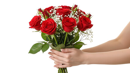 Hands holding a bouquet of red roses with baby breath on white