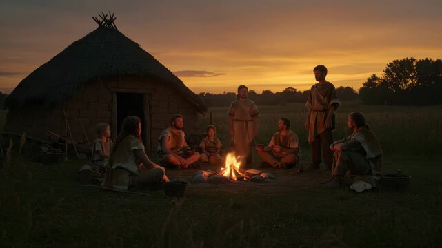 A group of people share stories and food by a fire outside a hut as the sun sets behind them