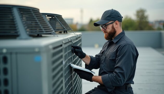 HVAC technician in uniform checks rooftop unit using tablet computer. Professional man wears glasses and cap. He holds device, works on air conditioner system outside building with cloudy sky.