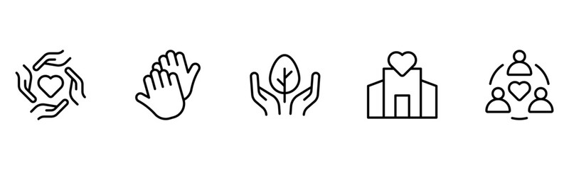Heart, love, care, help, charity, and donation outline icons are set isolated on a white background in a flat vector illustration.