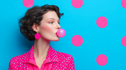 Stylized portrait of a woman blowing pink bubblegum against a bright blue backdrop with bold pink dots