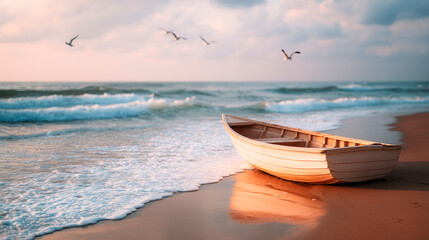 Wooden boat rests on a sandy shore as gentle waves roll in beneath a soft pastel sunrise