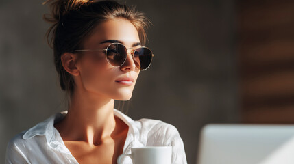 Stylish woman in round sunglasses holding a cup while sunlight highlights her calm