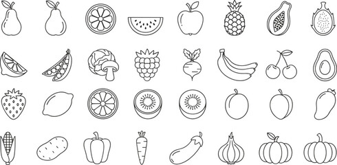 Outline and Line Icons Collection of Various Fruits, Vegetables, and Berries: Healthy Food and Organic Produce, Simple Black and White Vector Illustration for Design and Web.