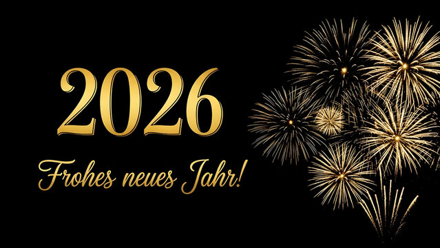 Golden 2026 text and fireworks celebration with german text frohes neues jahr