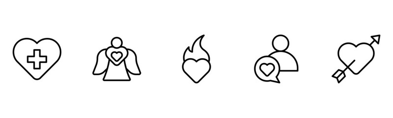 Heart, love, care, help, charity, and donation outline icons are set isolated on a white background in a flat vector illustration.