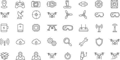 Remote Control, Camera, Signal, and GPS Location, Simple Black Outline Vector Illustration for App Design.