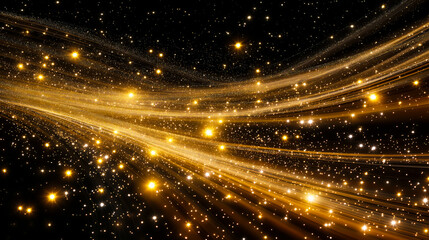 Golden light streaks flowing across a star-filled background, creating a dynamic abstract scene with sparkling particles